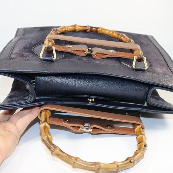 Vintage Gucci Diana Bamboo Handle Tote Bag Navy Suede w/ Custom Handle Shapers - Picture 7 of 11